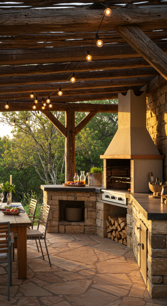 Rustic Outdoor BBQ Kitchen with Pergola